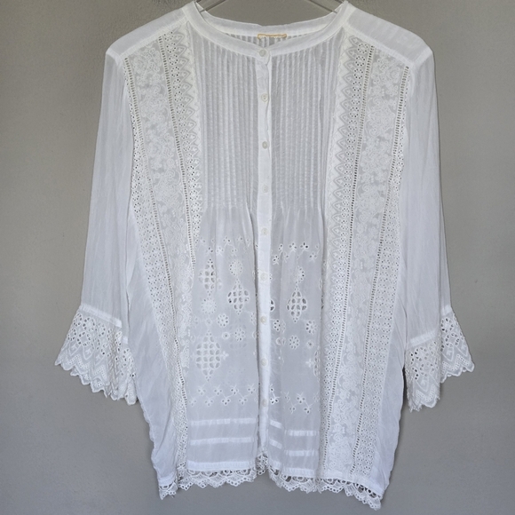 Johnny Was Boho White Eyelet Embroidered Lace Ruffle Button Down Tunic Blouse - Picture 2 of 9